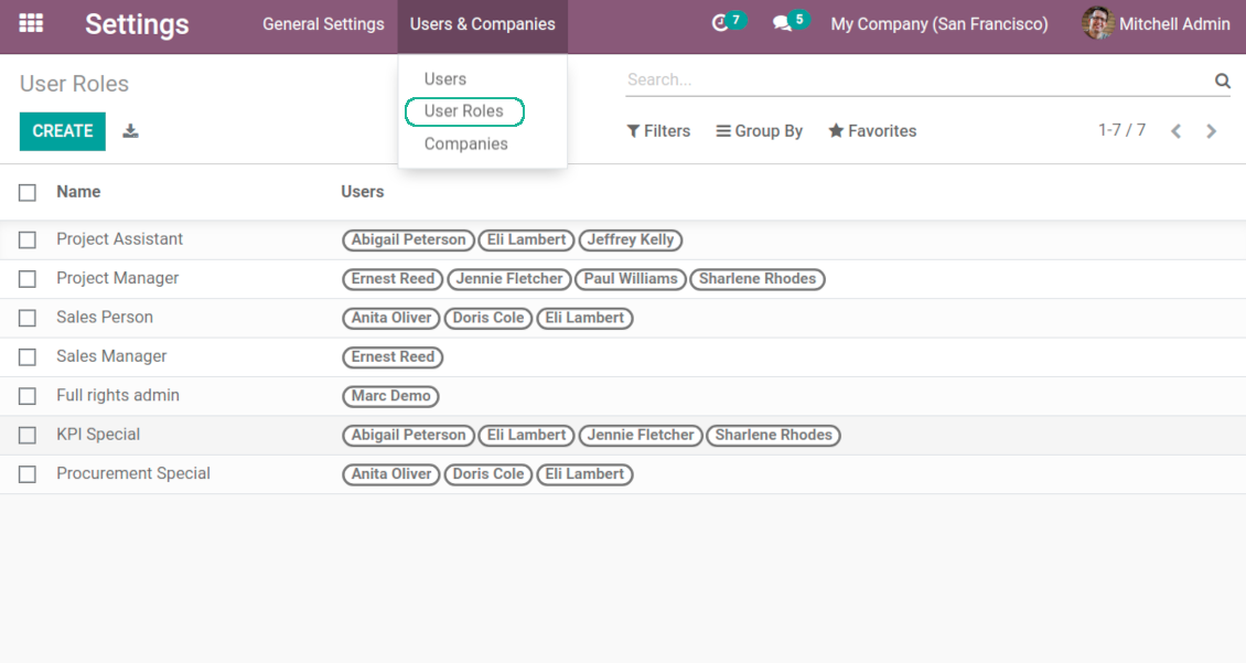 Odoo user roles overview