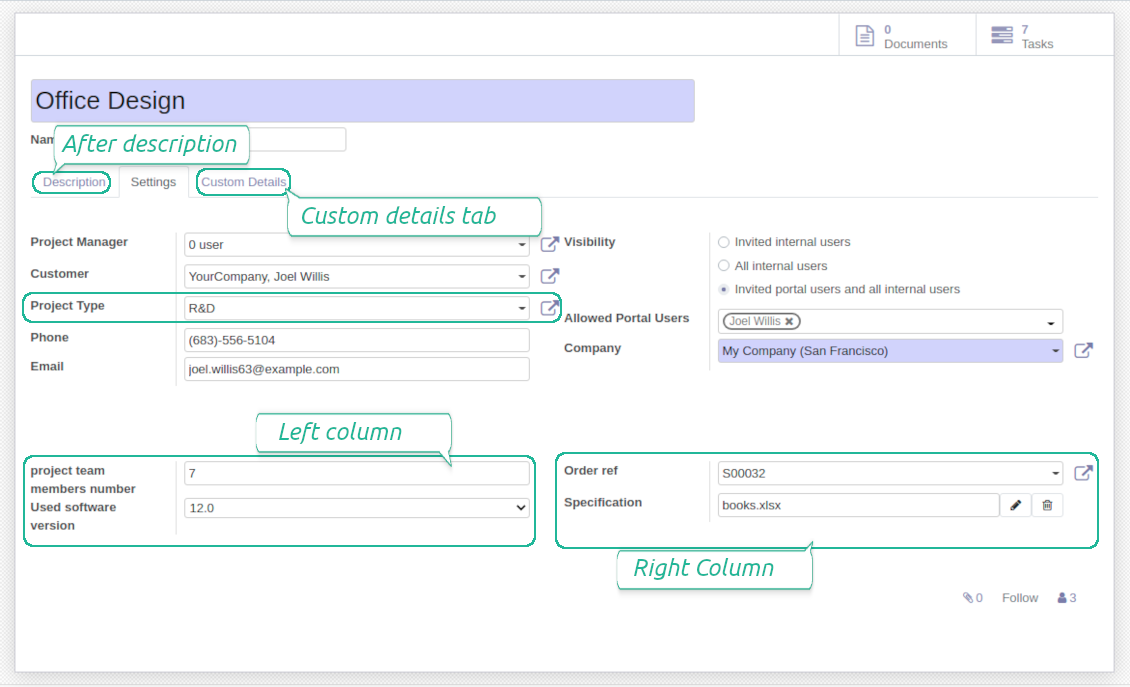 Customized form view of projects