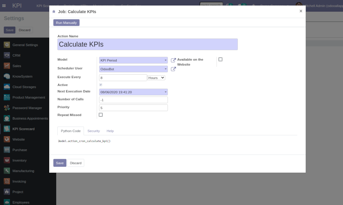 Automatic Odoo crom job for KPI calculations