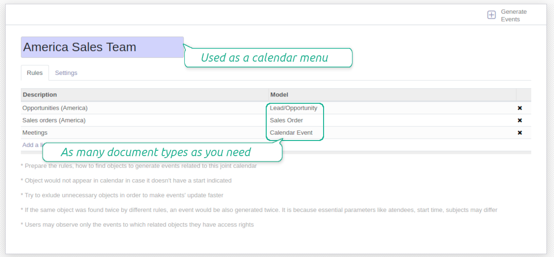 Shared calendar: combine various events