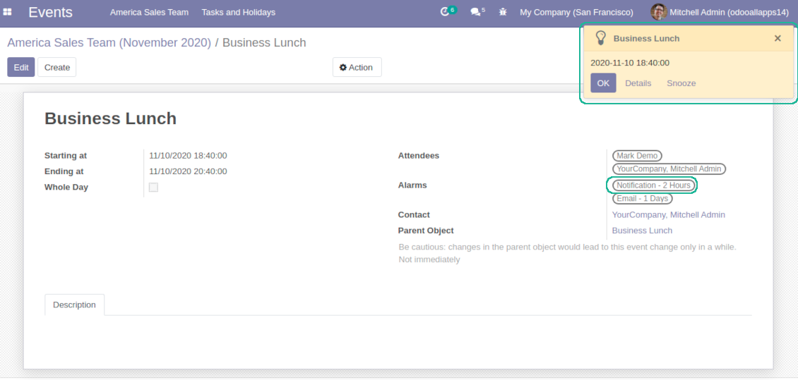 Popup and email alarms for Odoo objects