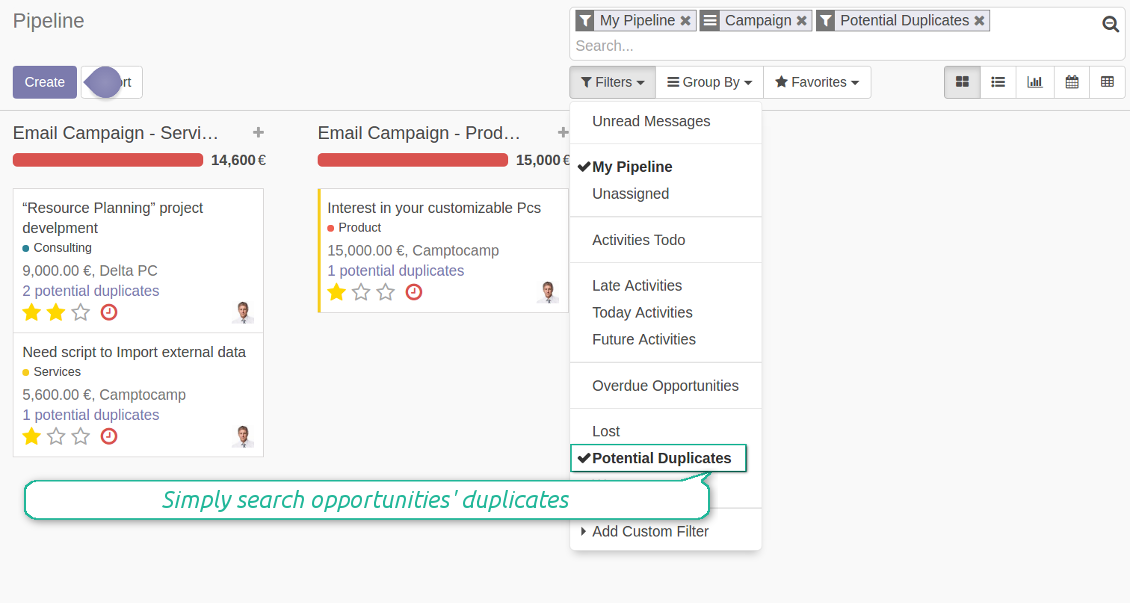 Odoo opportunities' duplicates filter