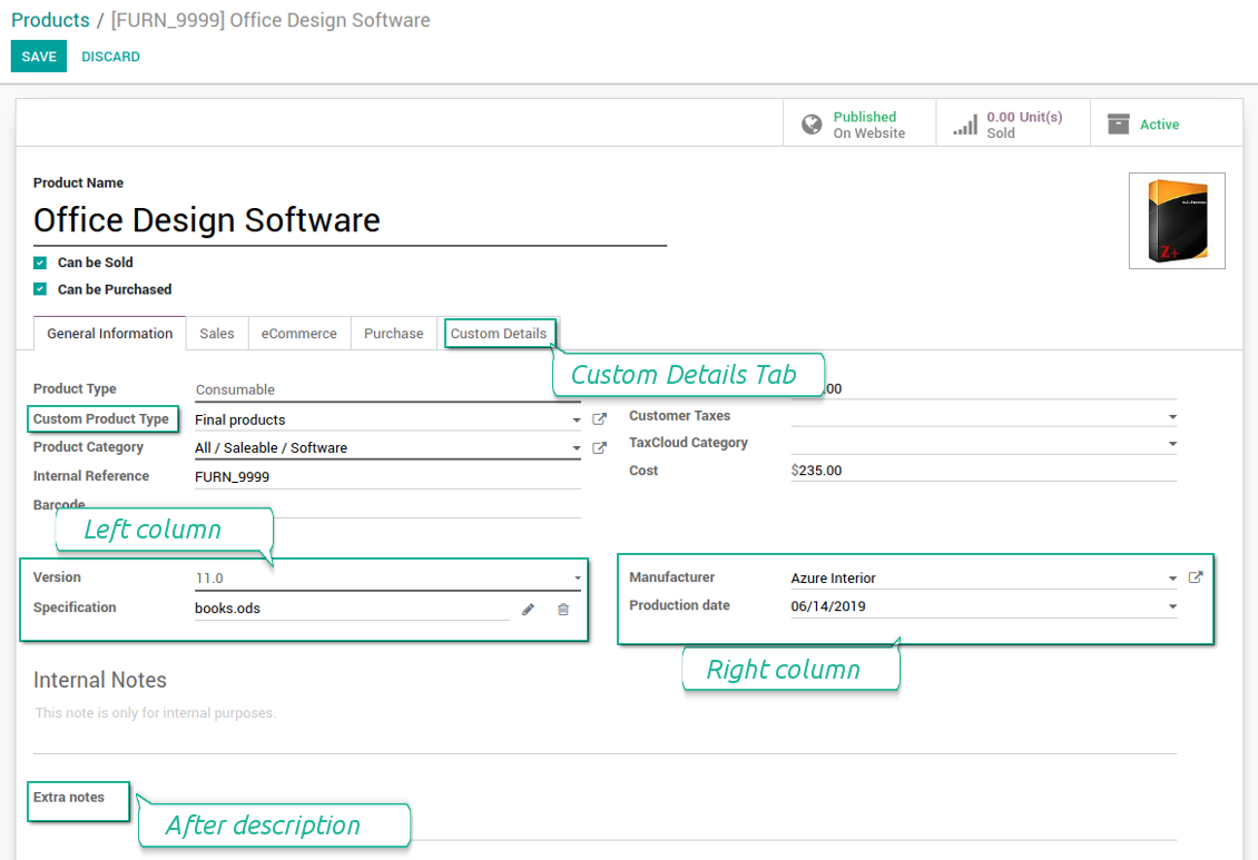 Customized form view of Odoo products