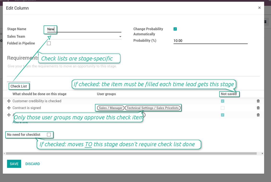 Check items per lead stage