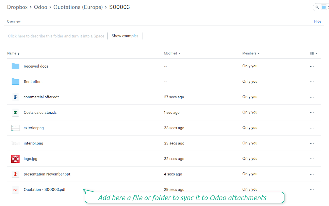 Odoo attachments as DropBox files