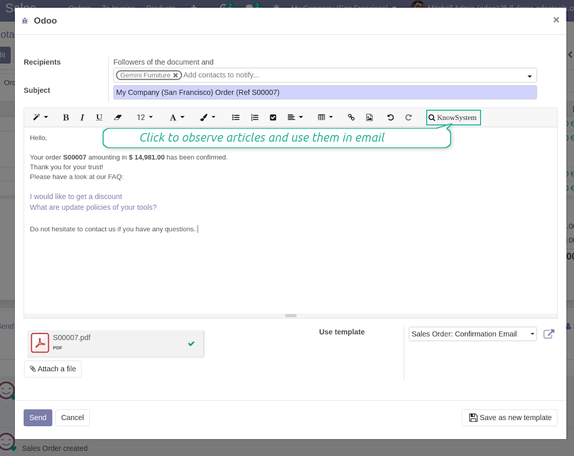 Direct access to KnowSystem in email composer