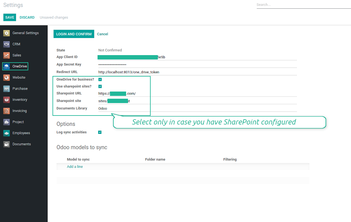 Configure Odoo for OneDrive / SahrePoint