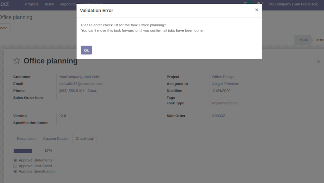 Odoo project check list not approved validation error