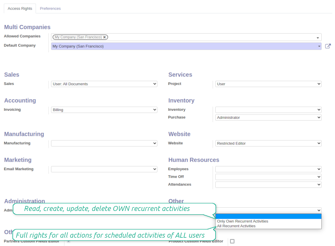 Odoo user rights for security activities