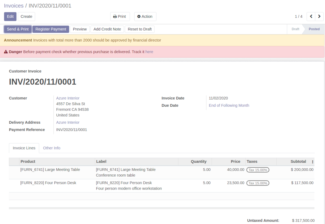 Odoo invoices warnings
