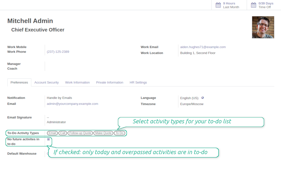 User activity types preferences
