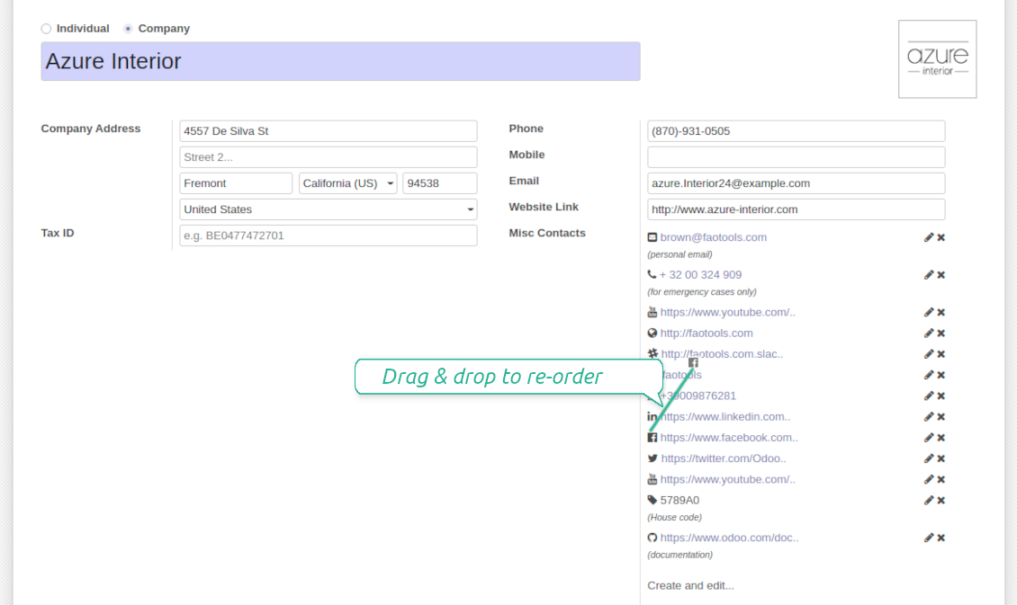 Drag and drop of Odoo contact details