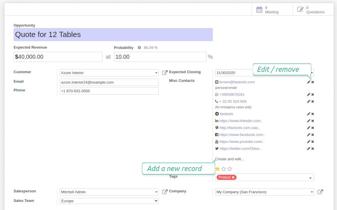 Odoo leads contact details editable