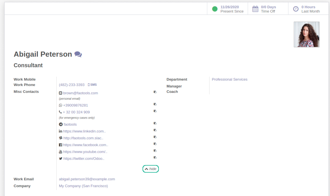 Full view of employee contact details