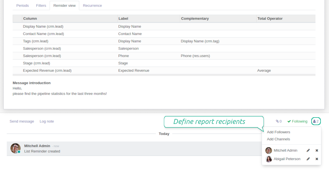 Odoo lists followers