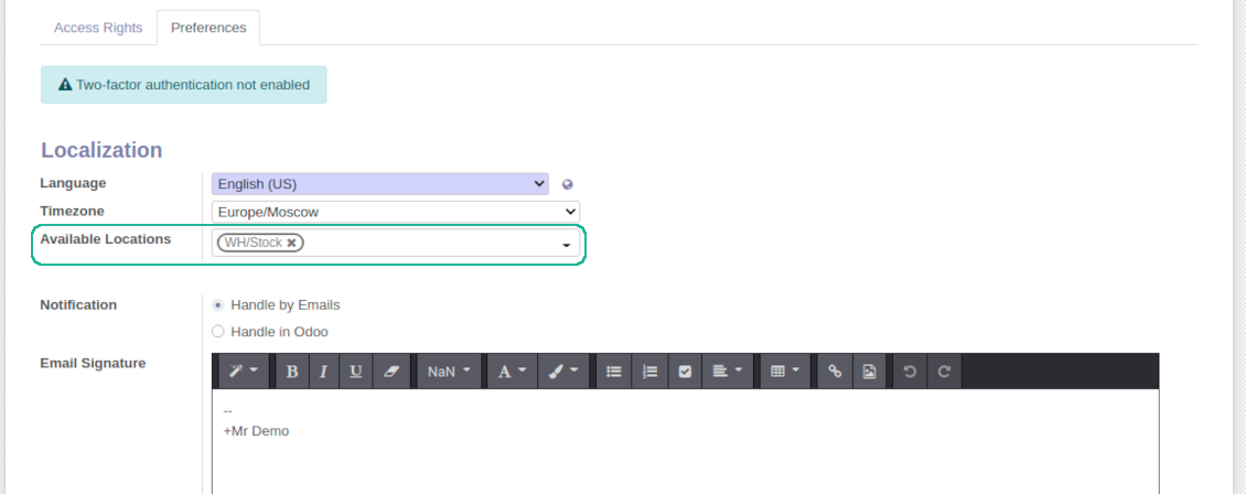 Available Odoo locations on a user form