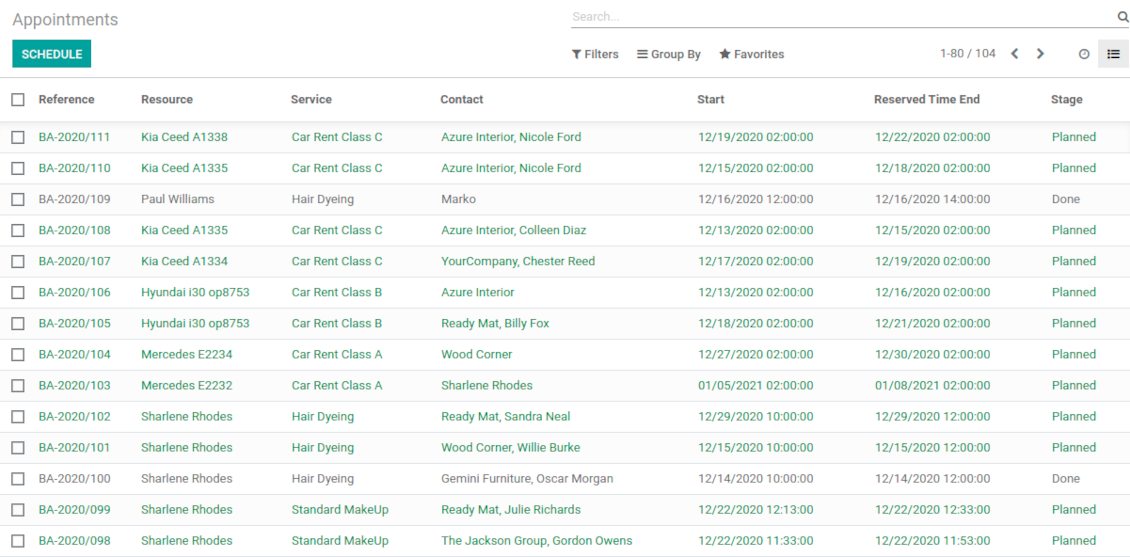 Bookings: Odoo list view