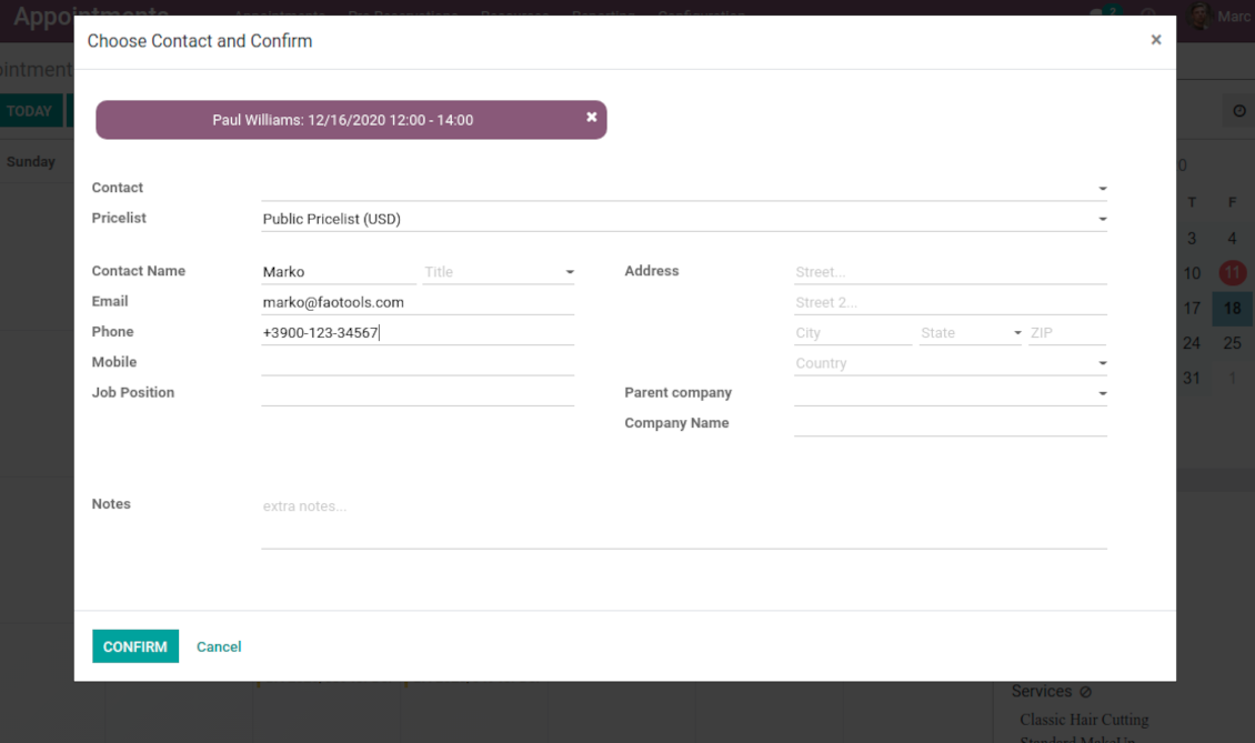 Client details for Odoo appointments
