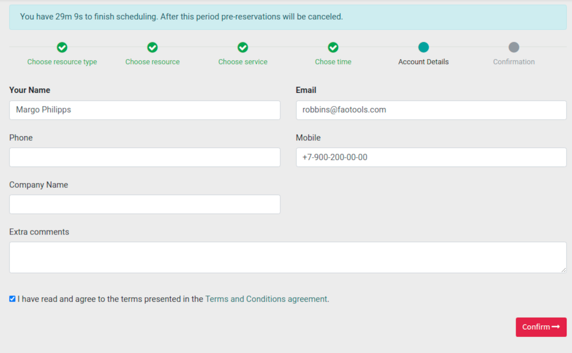 Odoo reservation contact details