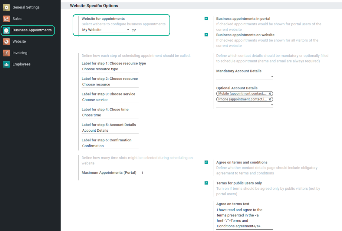 Configuration page: website-specific options