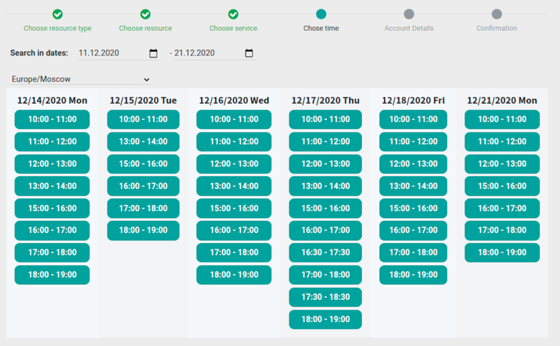 Website time booking page