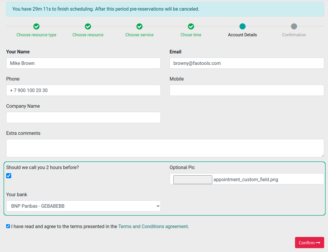 Appointment input form custom details