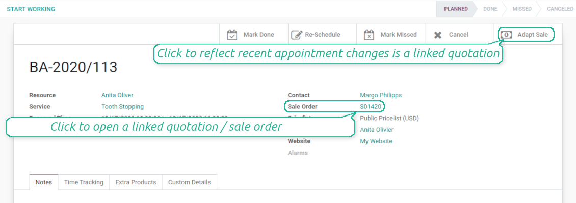 Appointment and Odoo sale order relation