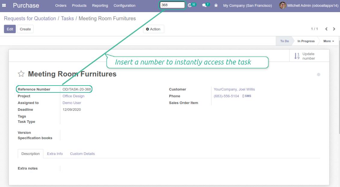 Quick search of Odoo tasks by number