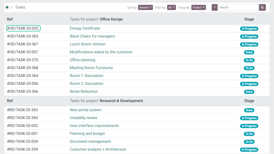 Portal list of tasks numbering