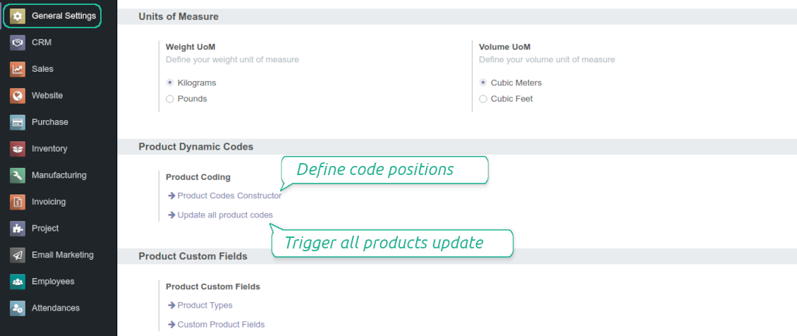 Product coding rules and settings