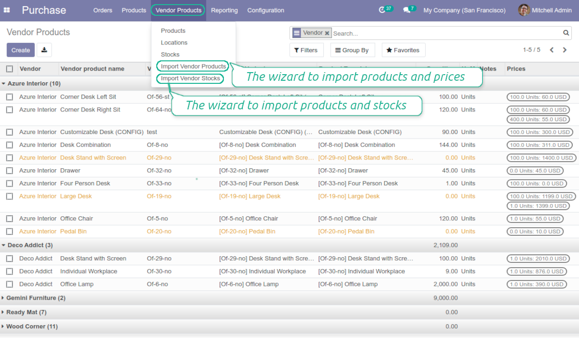 List of Odoo supplier products