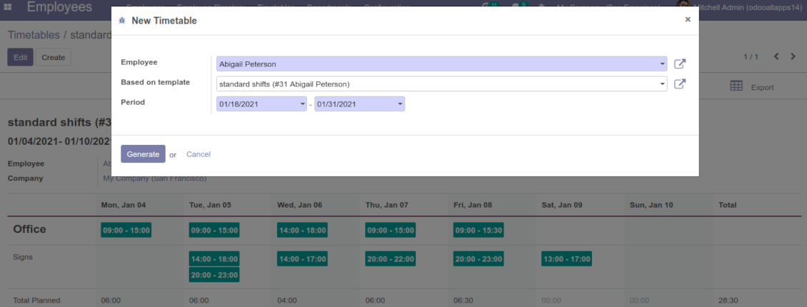 Odoo working shifts templates