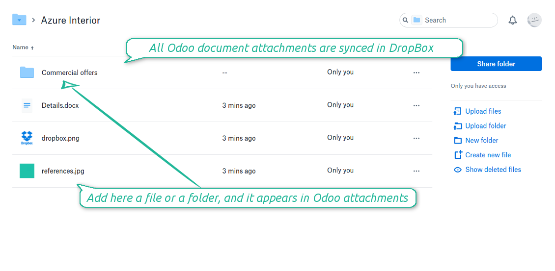 Odoo attachments as DropBox files