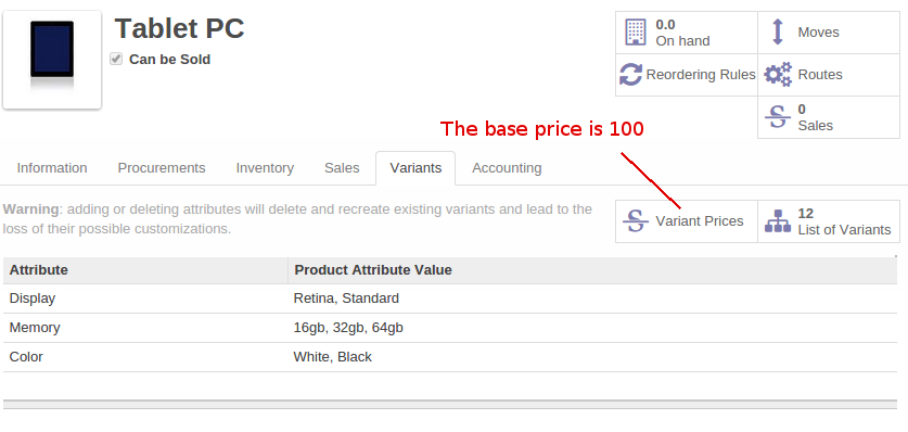 Odoo Click to configure attribute prices and coefficients