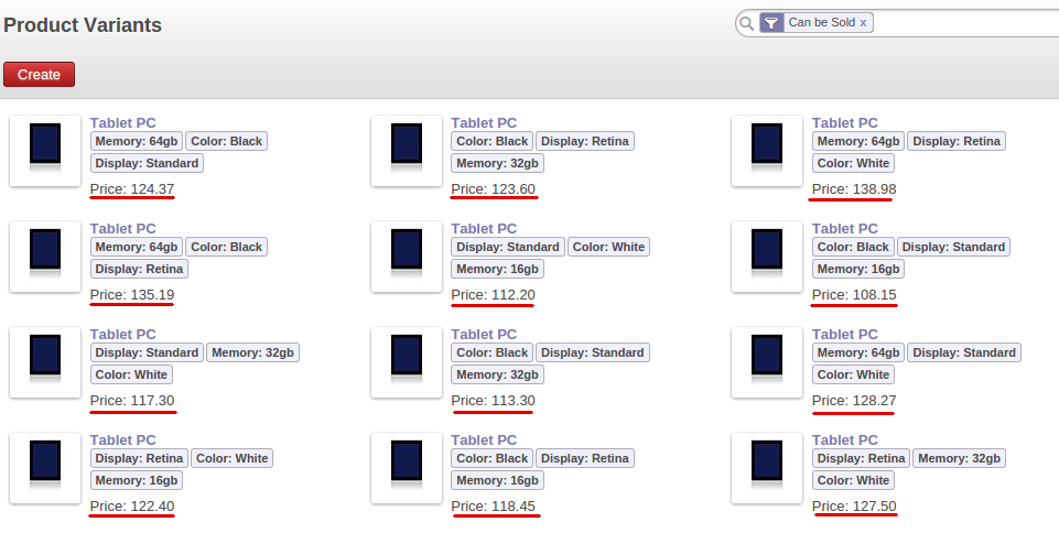 Odoo Resulted product variants prices