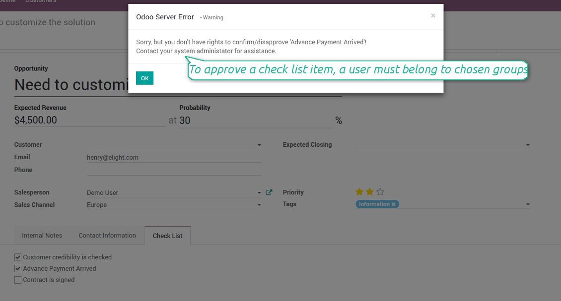 User rights for check list points