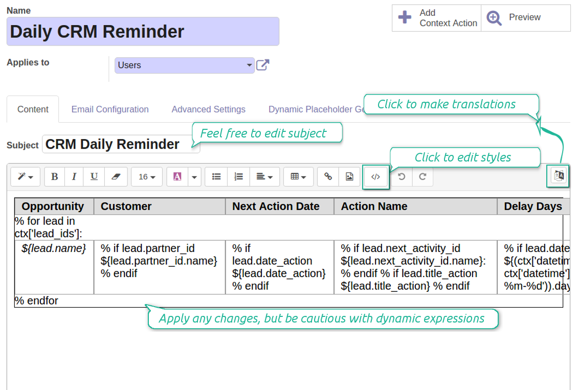 Odoo CRm daily reminder email template
