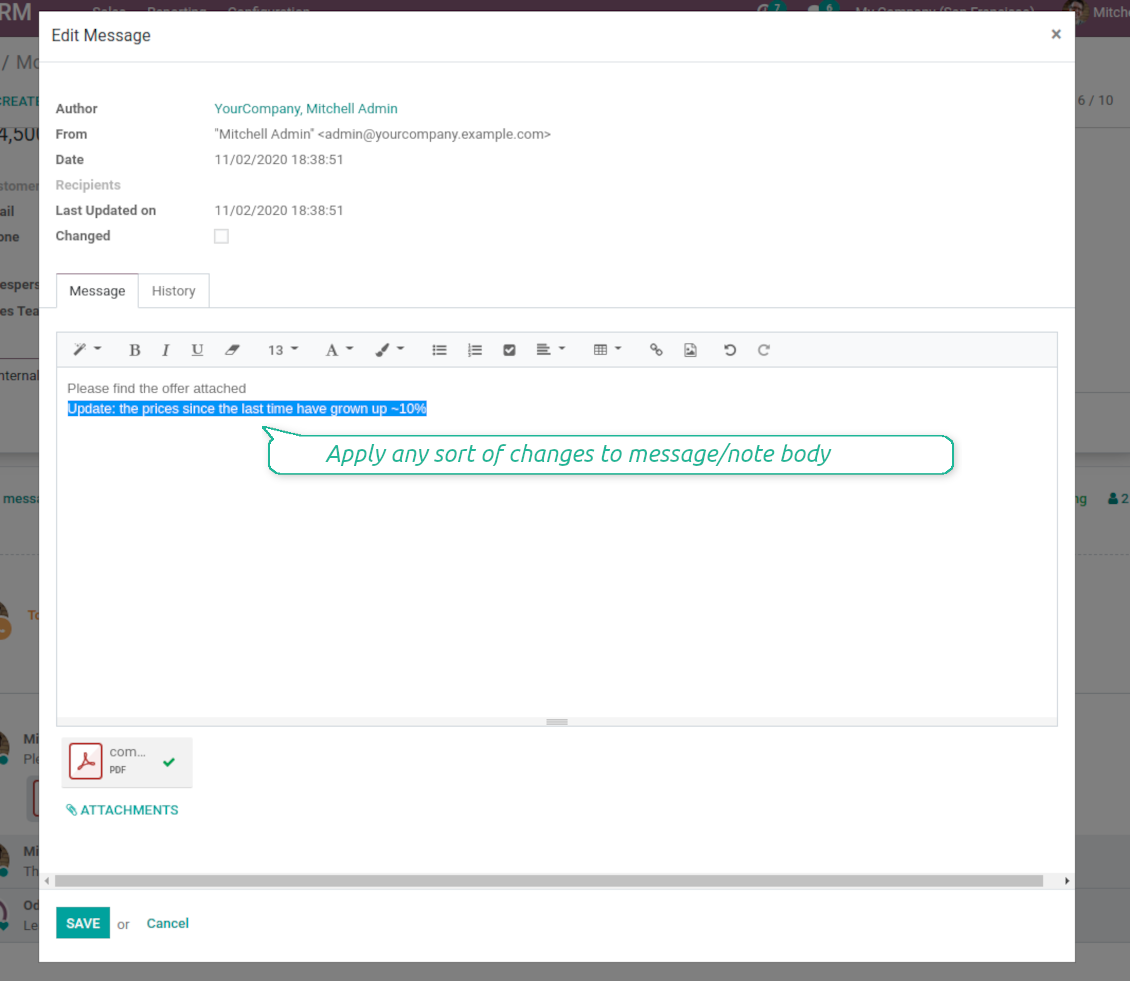 Odoo message and note body to modify
