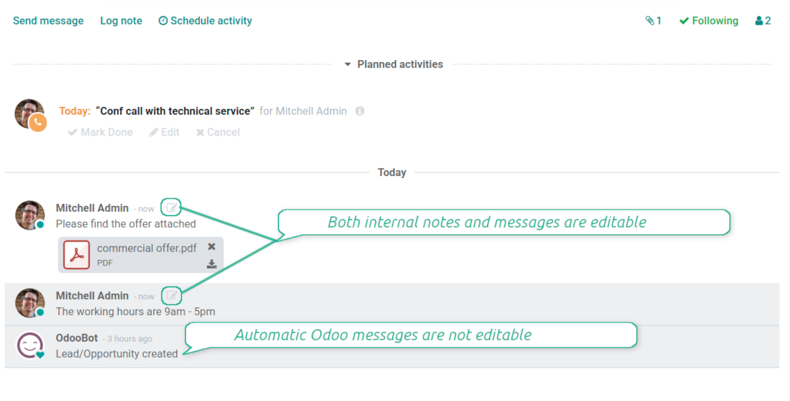Inline Odoo messages editing