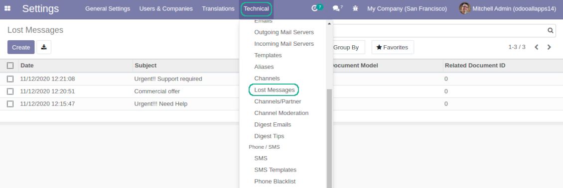 Odoo unattached messages tree and menu