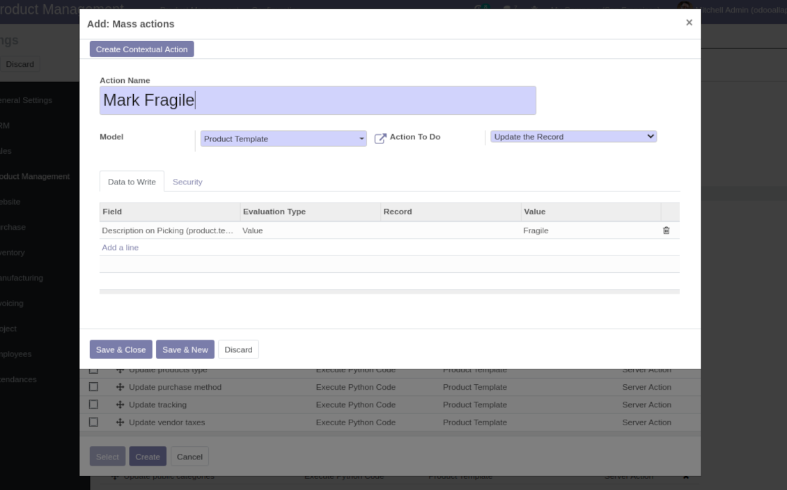 Odoo server action for product templates