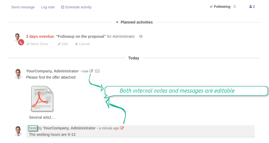 Edit Odoo notes and messages