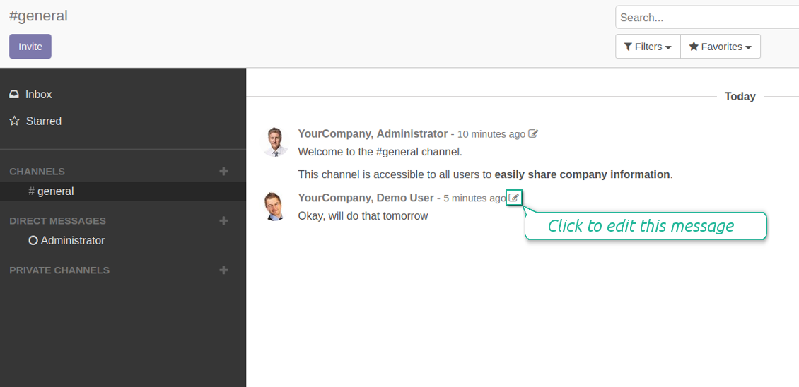 Odoo channels editable messages