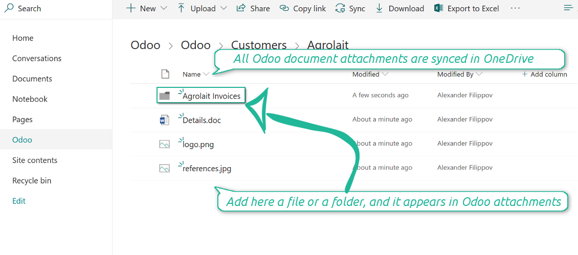 Odoo attachments as OneDrive files