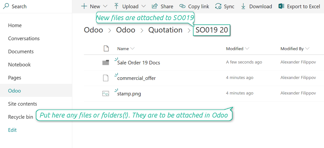 Odoo attachments as OneDrive files