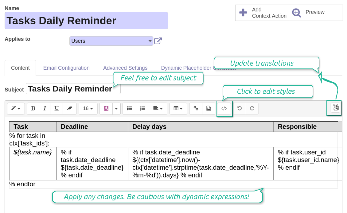 Odoo CRm daily reminder email template