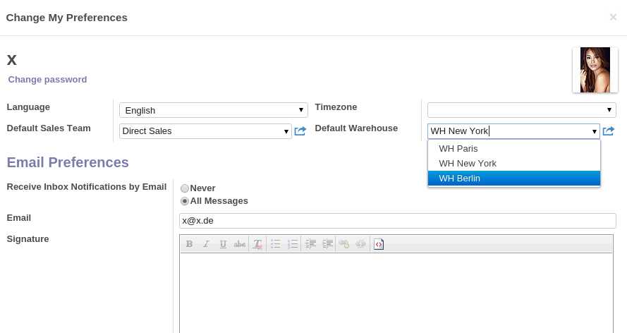 Odoo Default User Warehouse