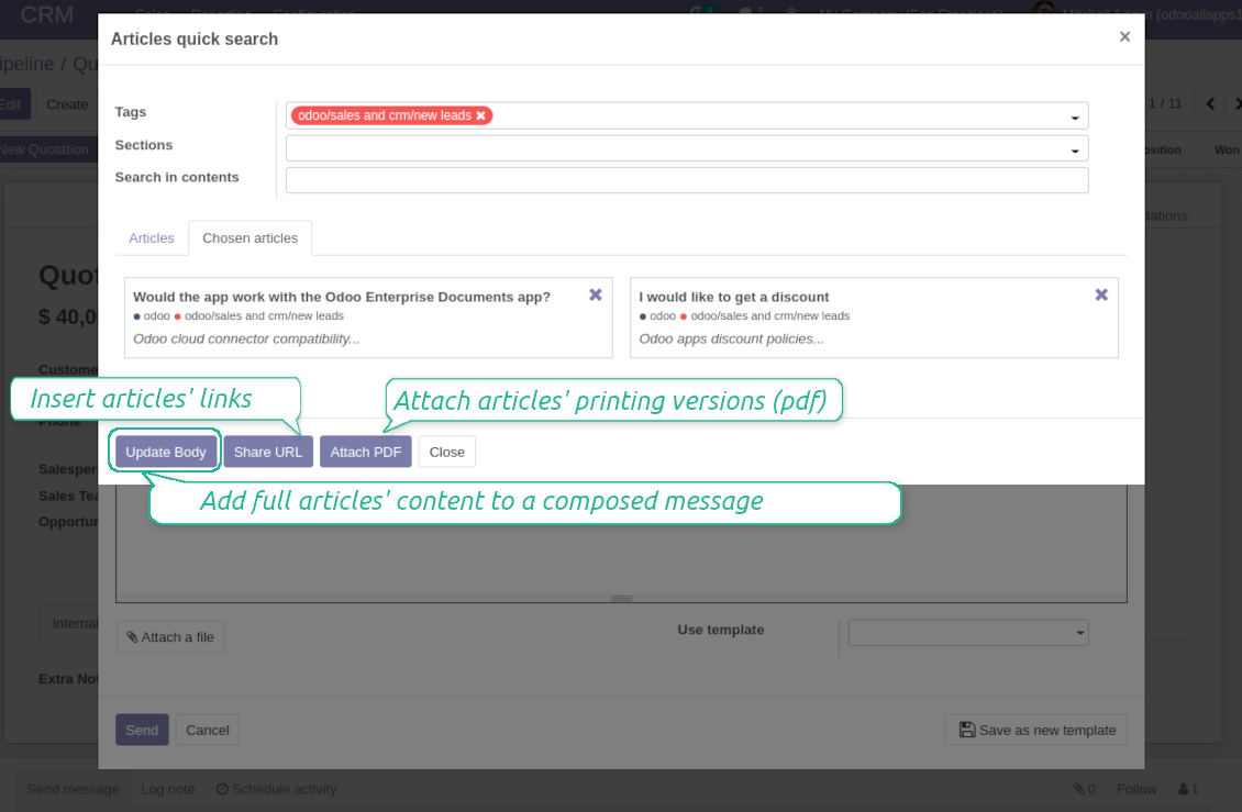 Odoo composer link articles to messages