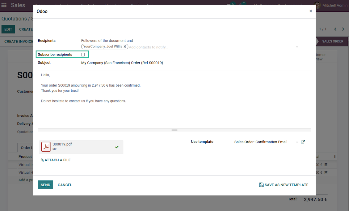 No auto subscriptions for sale orders, invoices, request for quotations, etc.