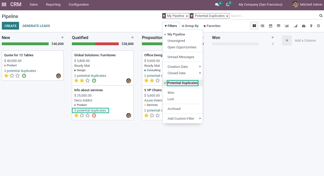 Opportunities duplicates kanban and filter